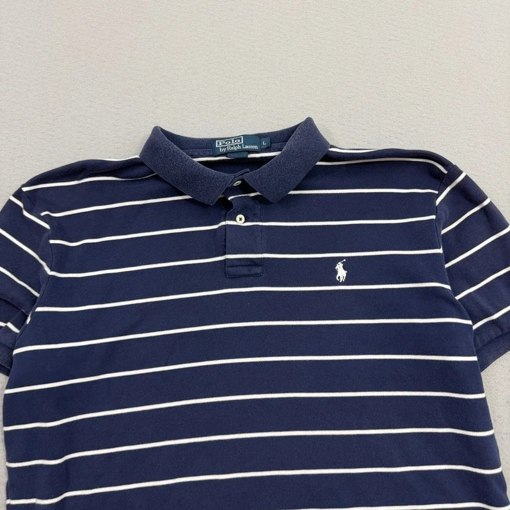 Vintage Polo Ralph Lauren Shirt Men's Large Navy Blue Striped Short Sleeve Pony